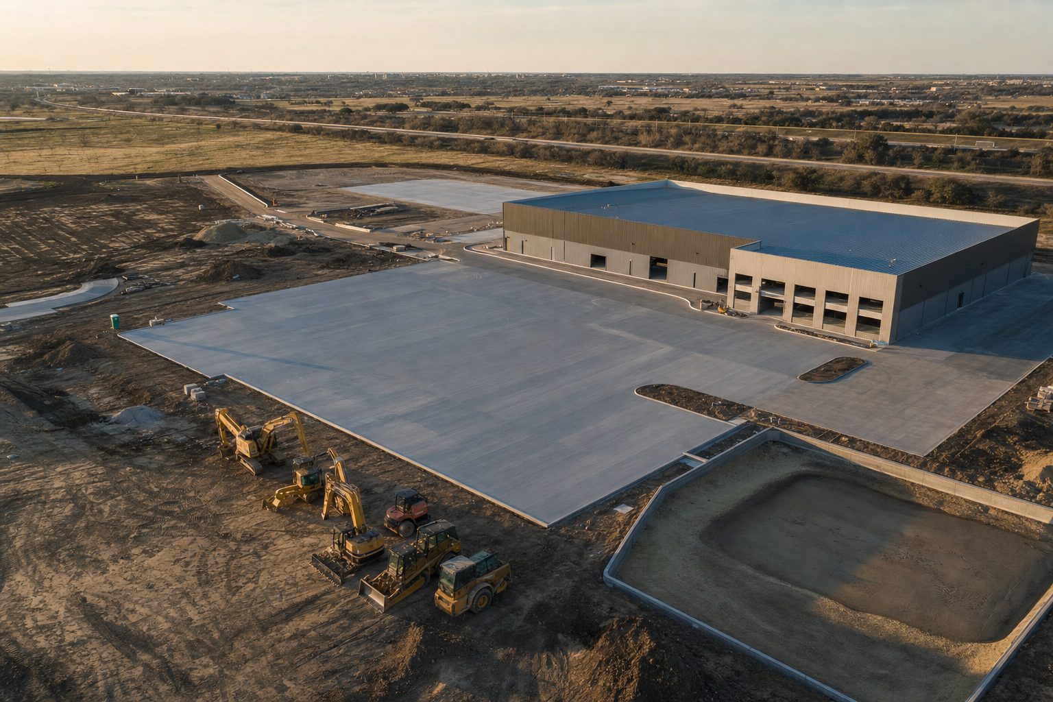 Aerial view of a commercial sitework project with fresh concrete paving and a metal building