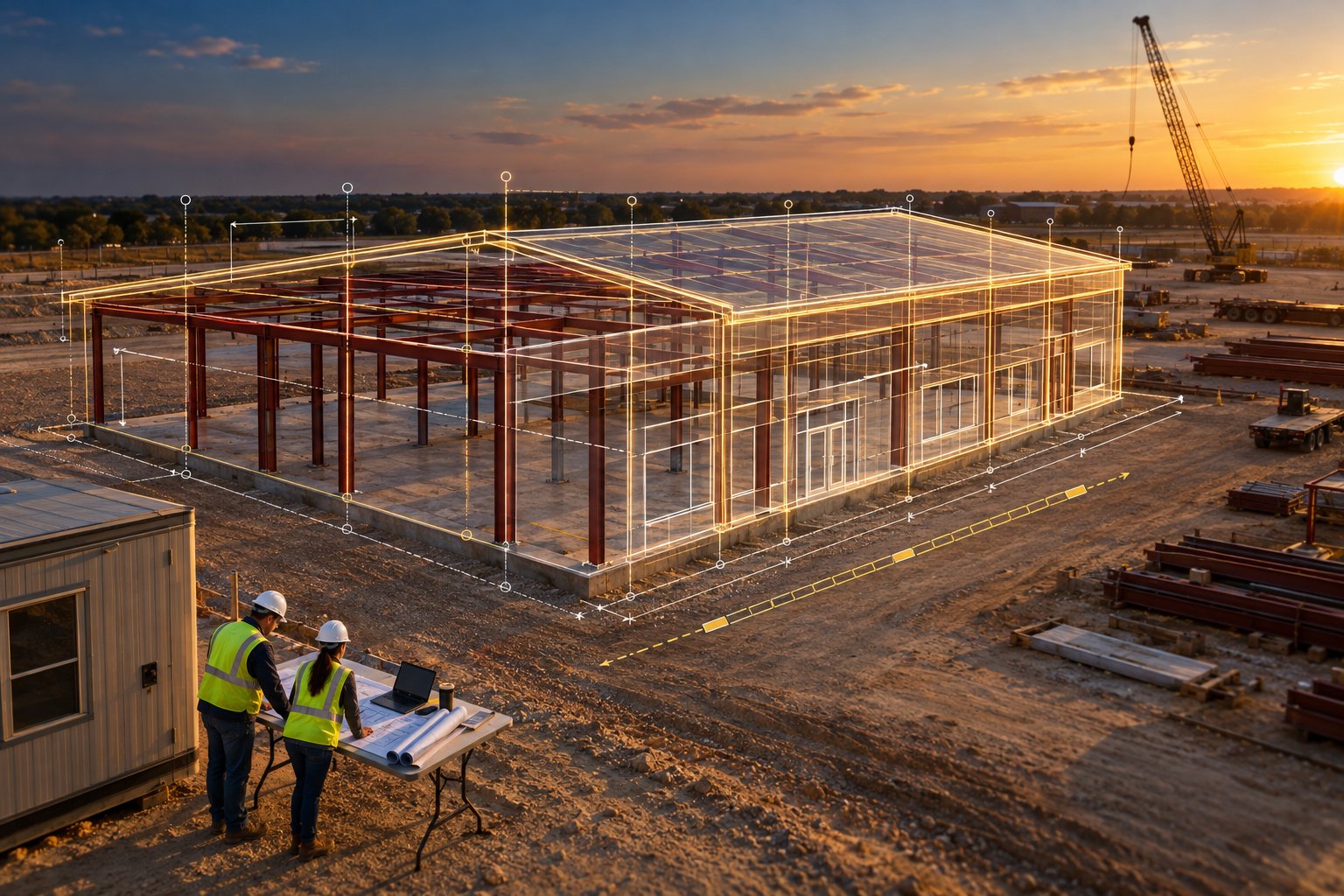 Aerial view of a partially framed red-iron commercial building at golden hour, with a glowing gold wireframe of the finished building overlaid on the steel, and a design team reviewing drawings on a table beside the trailer