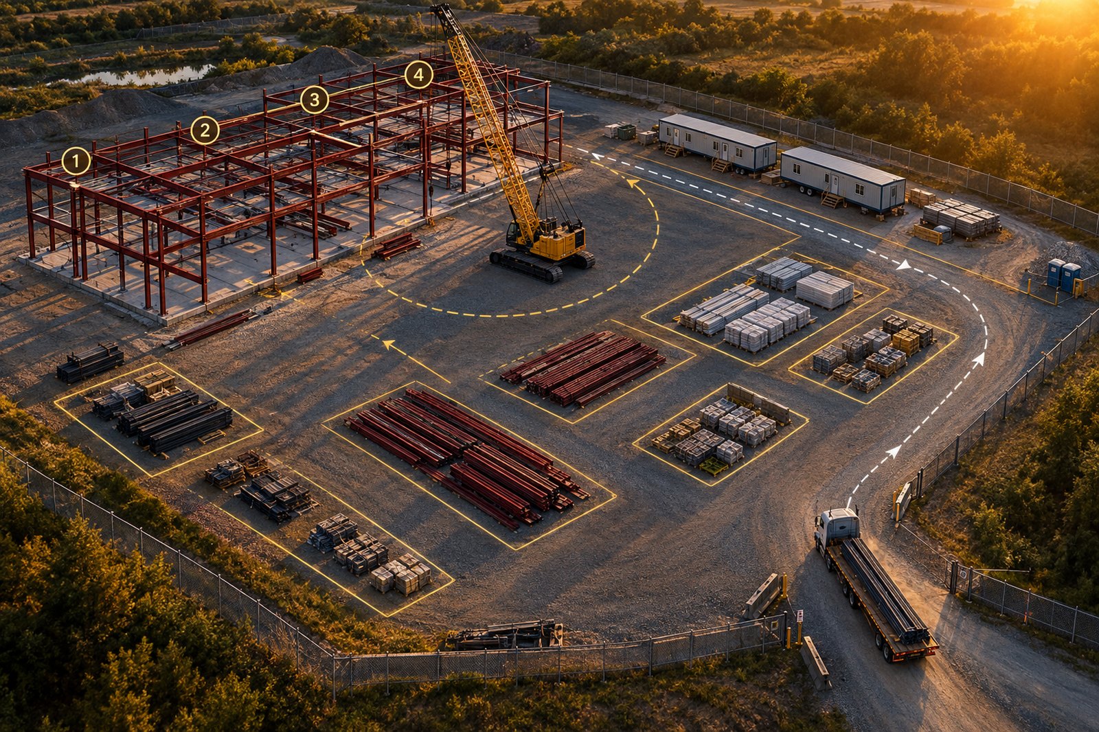 Aerial view of an organized commercial jobsite at golden hour with a steel frame, crane, defined laydown zones, and a site logistics plan overlaid on the ground