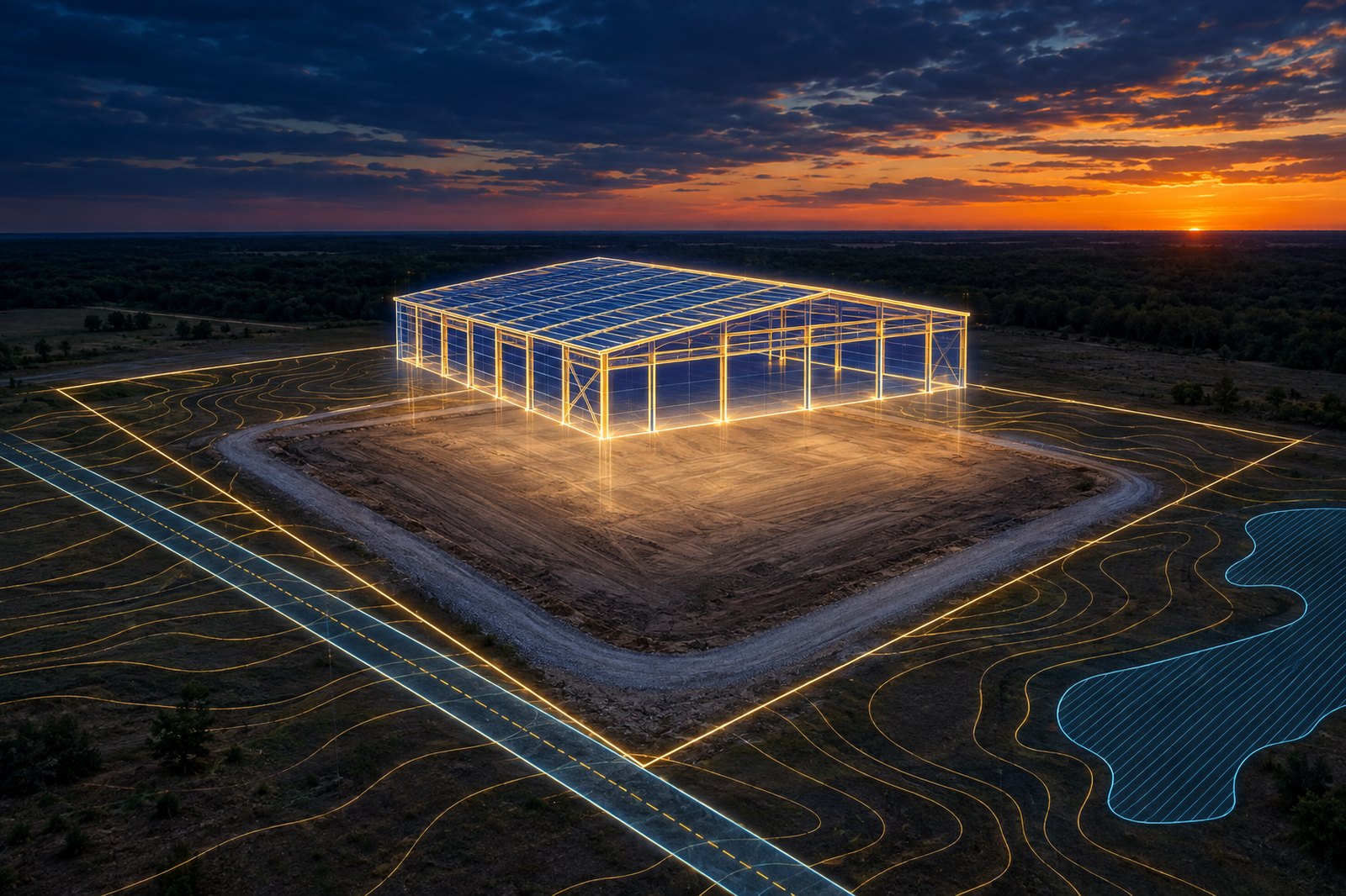 Aerial view of a graded building pad at dusk with the future steel building rendered as a glowing model and site data overlays projected on the ground