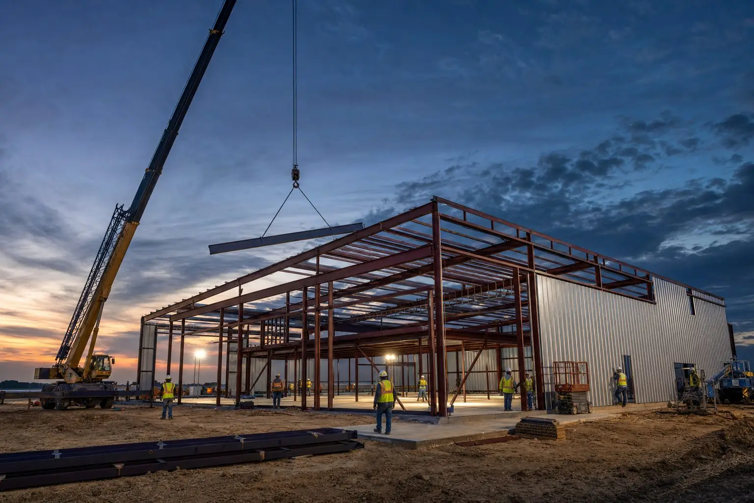 Structural steel building frame under construction at dusk with a crane setting a beam