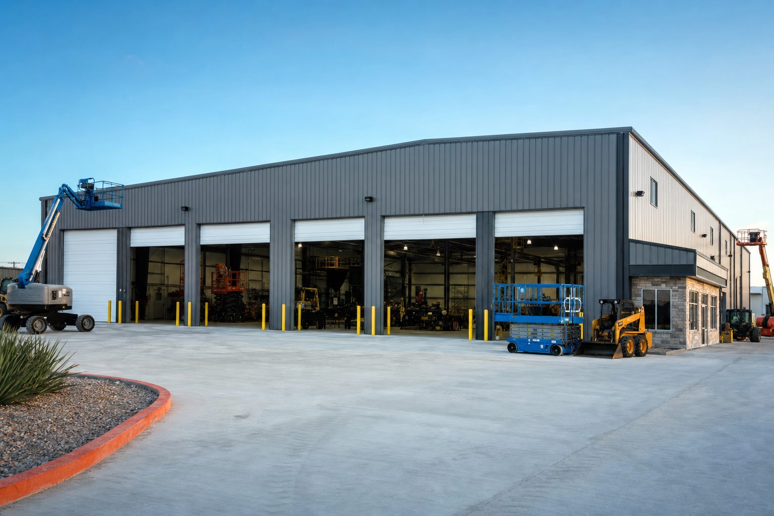 Industrial facility with tall roll-up bay doors and concrete yard
