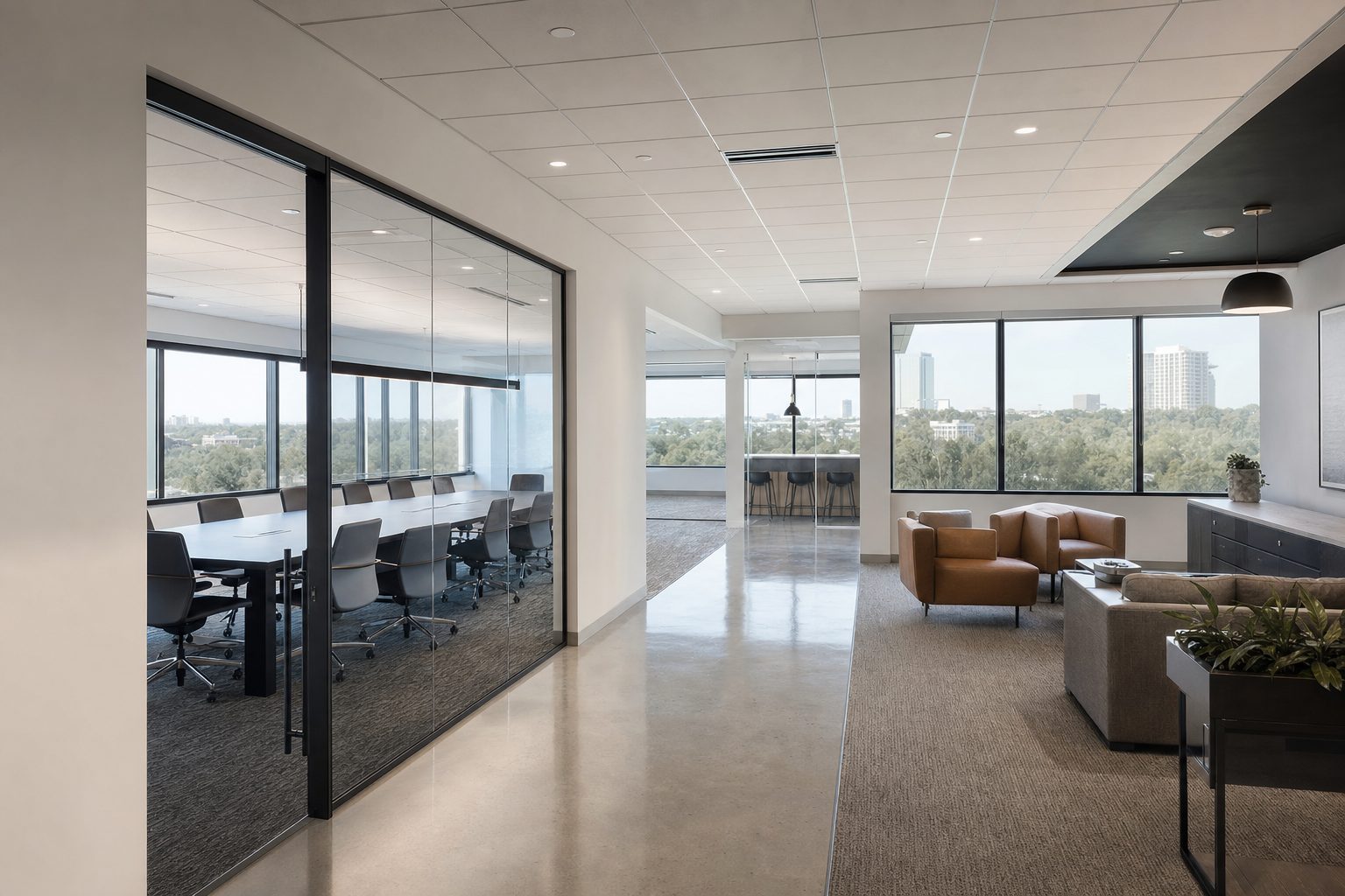 Finished modern corporate office suite with glass conference room
