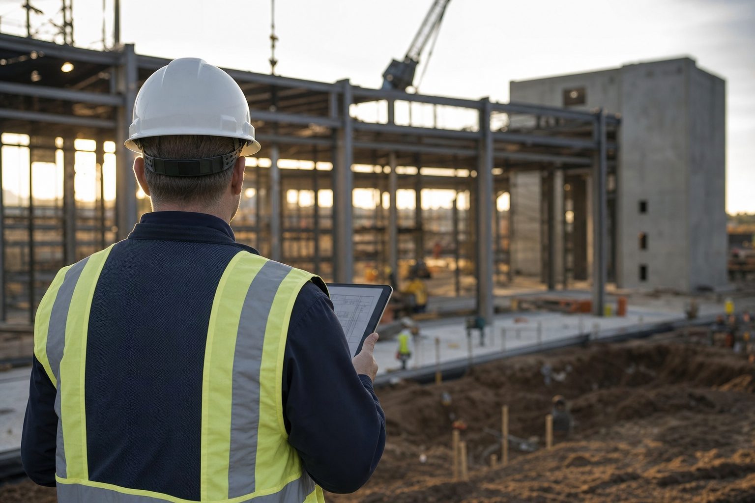 Project manager reviewing a tablet on an active commercial jobsite