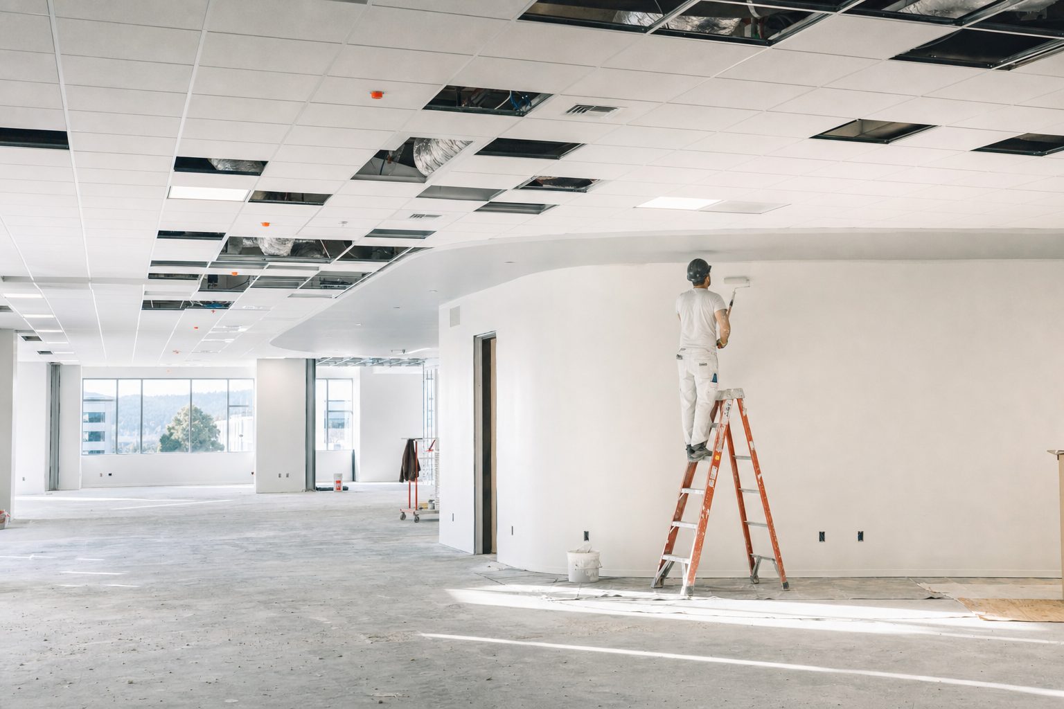 Commercial interior finish-out with ceiling grid and fresh paint in progress