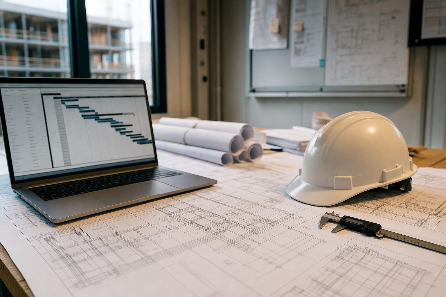Blueprints, laptop with construction schedule, and hard hat on a plan table